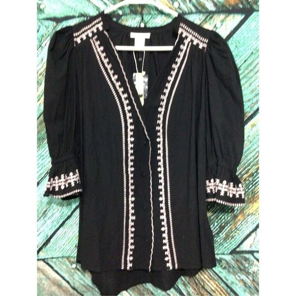 NWT ESLEY Bohemian Boho Top Black With White Embroidery Size Small - Picture 2 of 10
